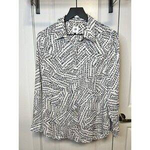 CAbi Long Sleeve Black White Wrap Back Button Down Abstract Blouse XS Leaves